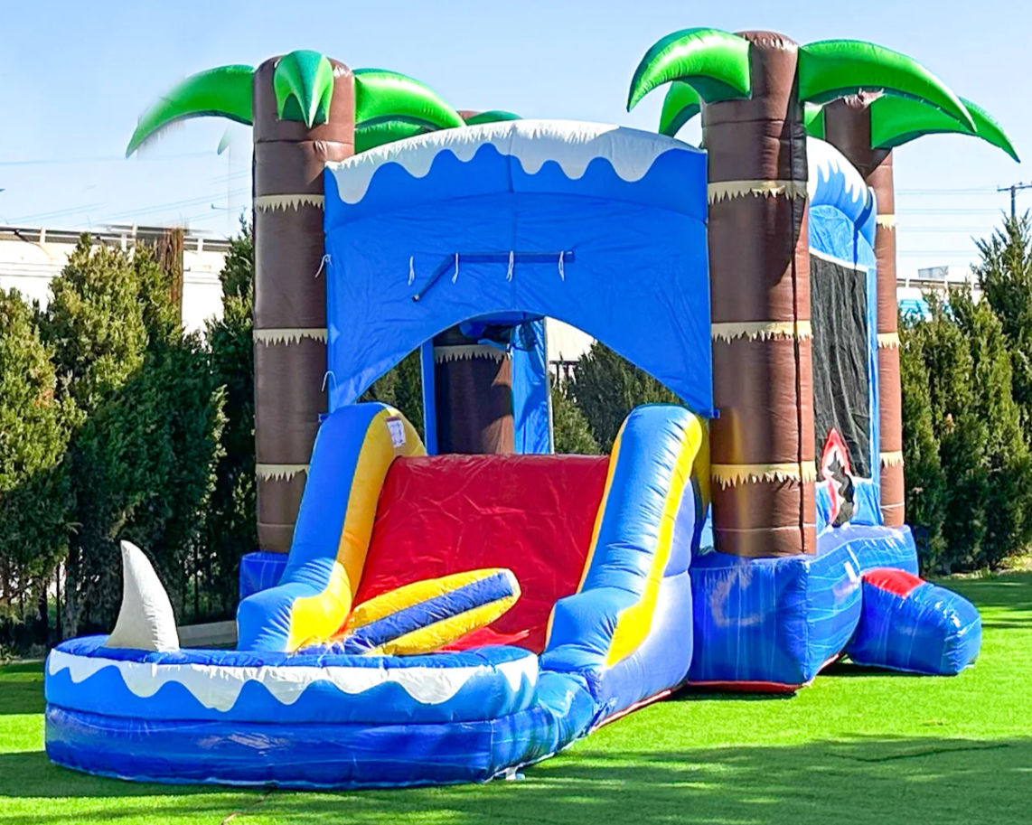 Shark themed bounce house and slide combo with palm tress on the top. The slide can be used wet or dry and has a pool on the end.