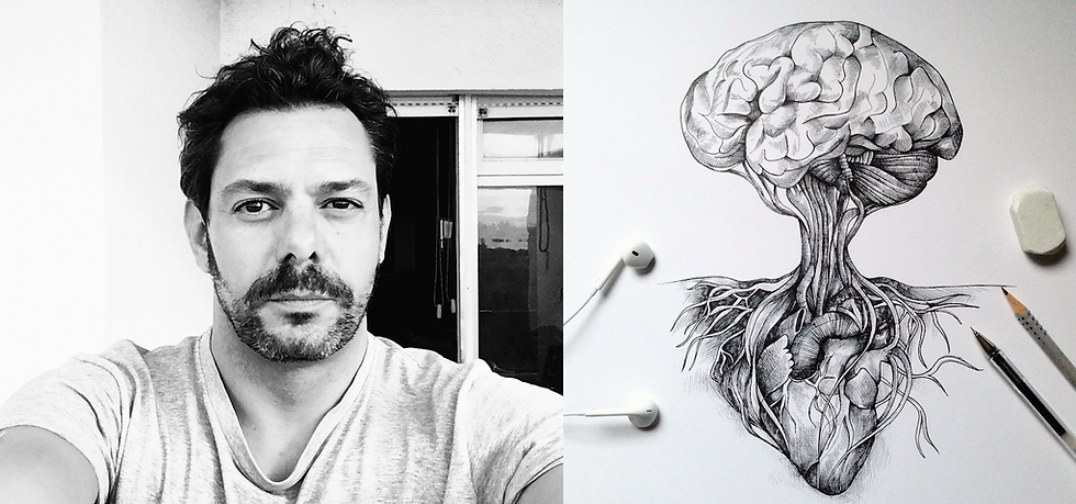 Henrique Blanc sided by a pencil sketched heart connected to a brain. Meaning creativity and emotion.