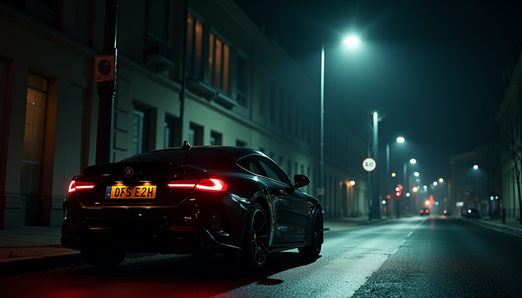 Eye-level view of a dimly lit city street with a sleek black car parked under a flickering streetlamp