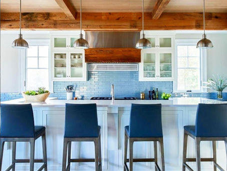 kitchen countertop island white quartz blue chairs