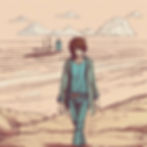 Young person, looking sullen, walking on open land with distant figures in the background. Cloudy sky, serene atmosphere, neutral colors.