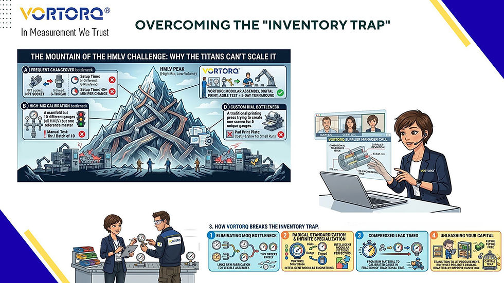 "Overcoming the 'Inventory Trap" that describes how traditional HVLM manufacturers create bottlenecks for distributors needing HMLV custom orders, and explains how a flexible customization VORTORQ model solves this with fast turnarounds.