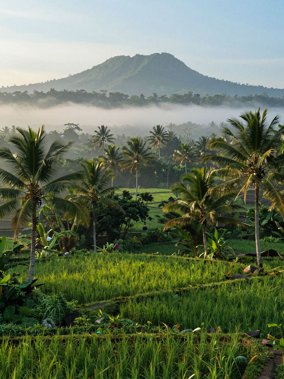 Misty Bali women’s retreat view of Mount Agung rice fields