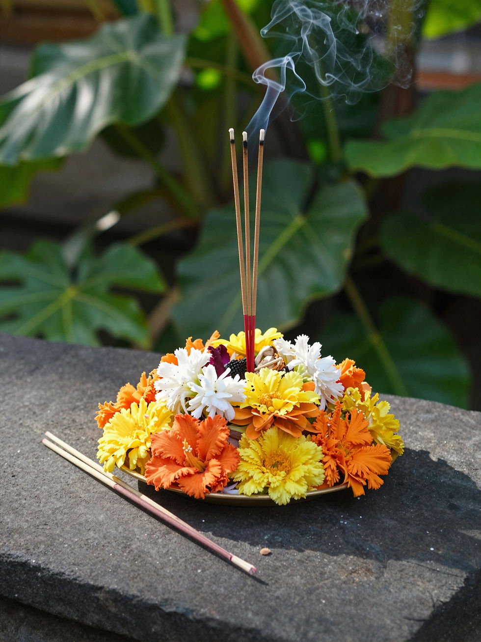 Traditional Balinese floral offering at a women’s retreat.