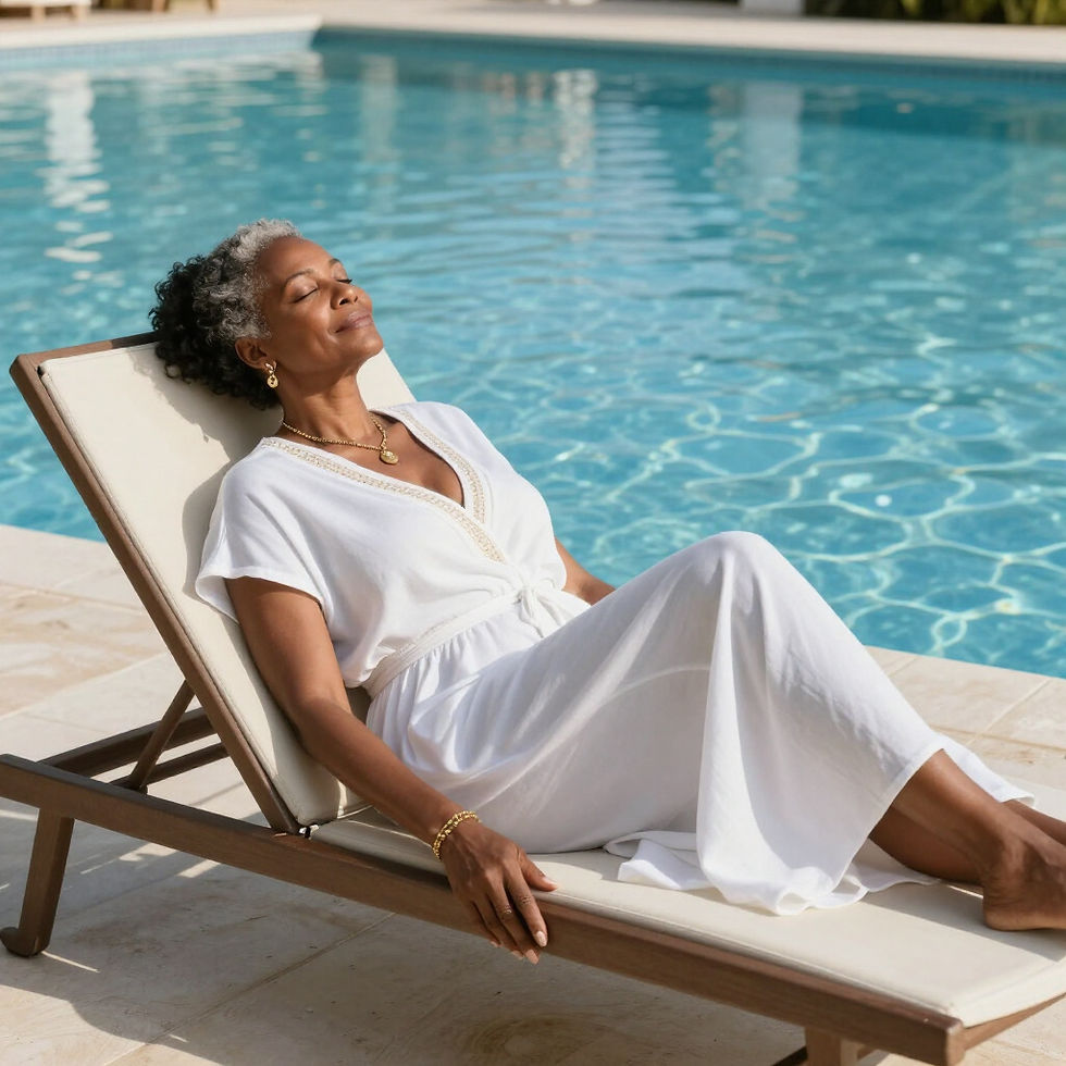 Woman relaxing by a pool at restorative retreats for women