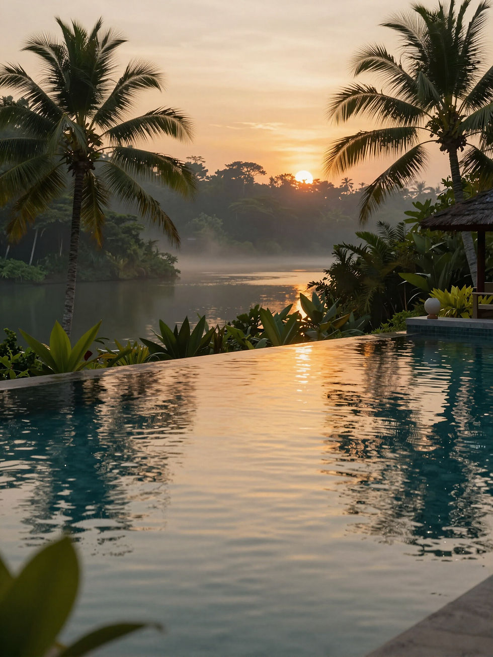 Sunset over infinity pool at a Bali women’s retreat