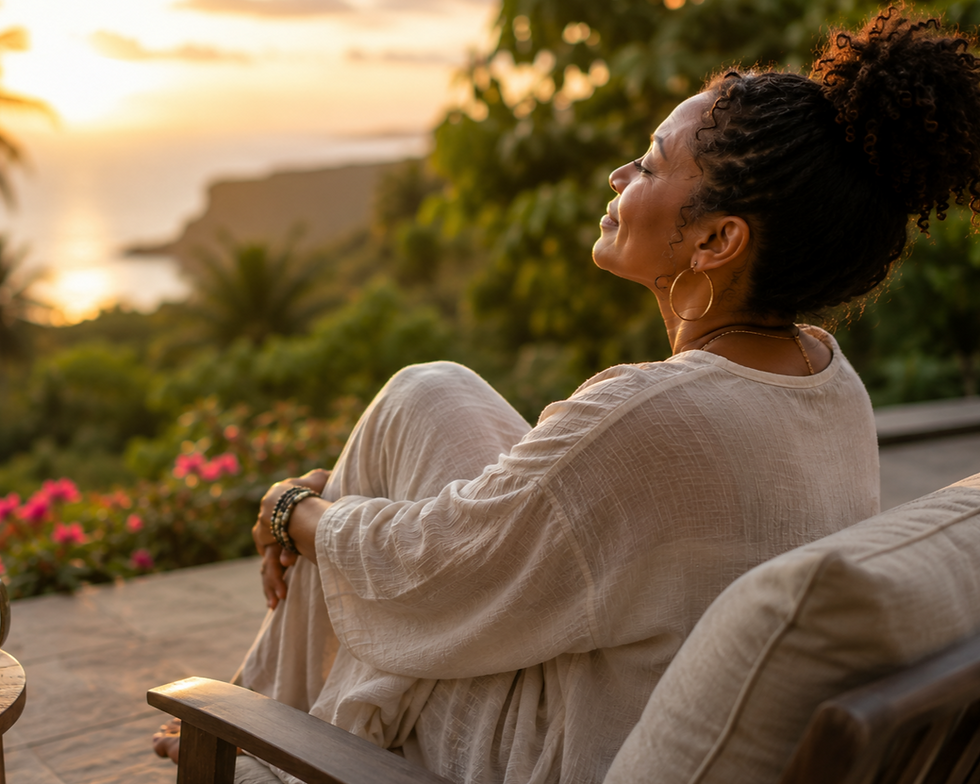 Woman relaxing at a Bali women’s retreat during sunset.