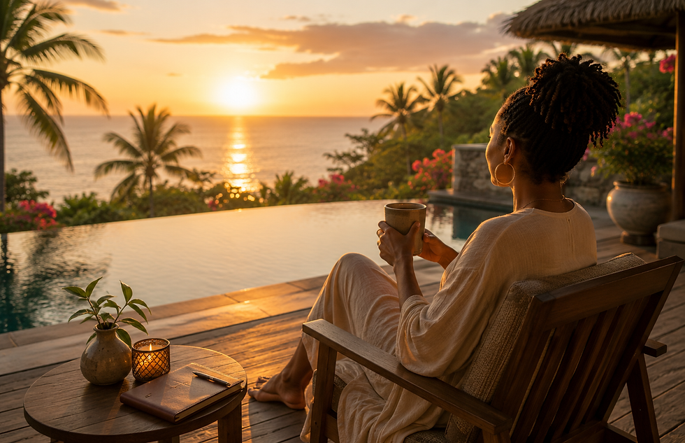 Woman sitting beside a pool with a journal at sunset