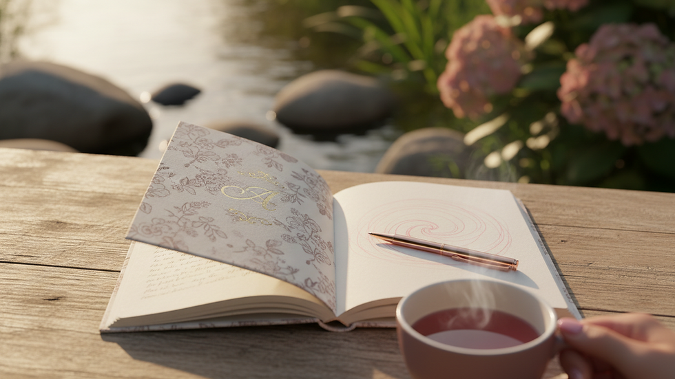 Close-up view of a journal and pen on a wooden table