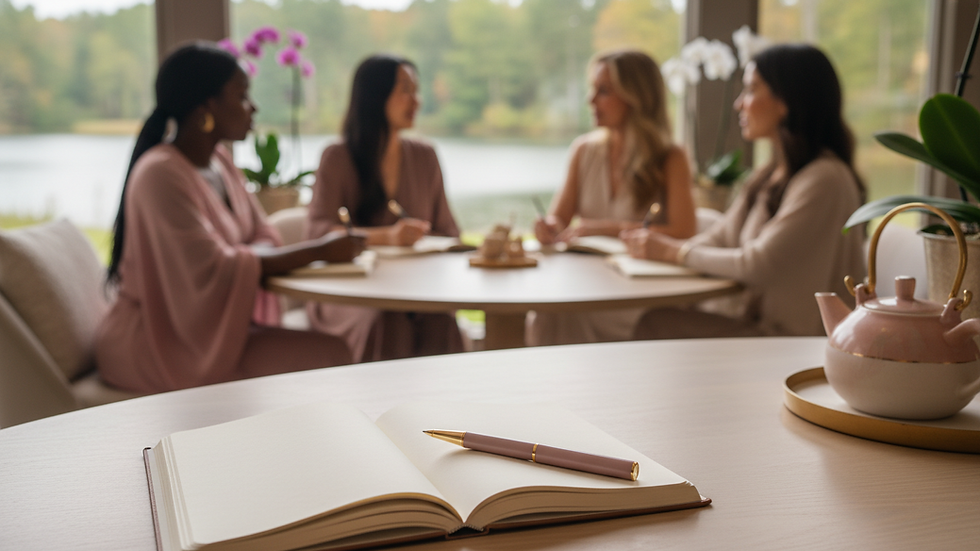 Close-up view of a journal and pen on a wooden table at a retreat