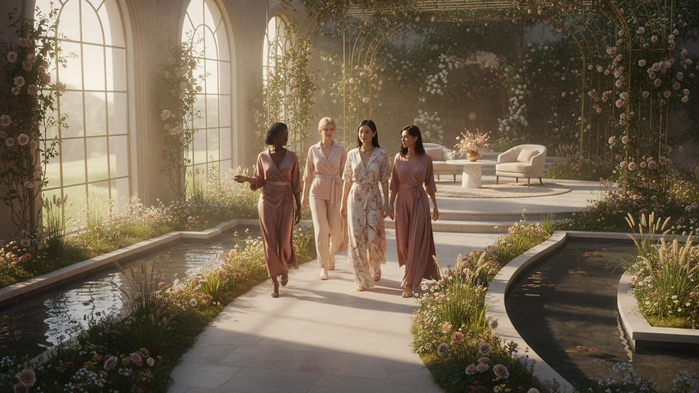 Wide angle view of a sunlit path through a peaceful garden
