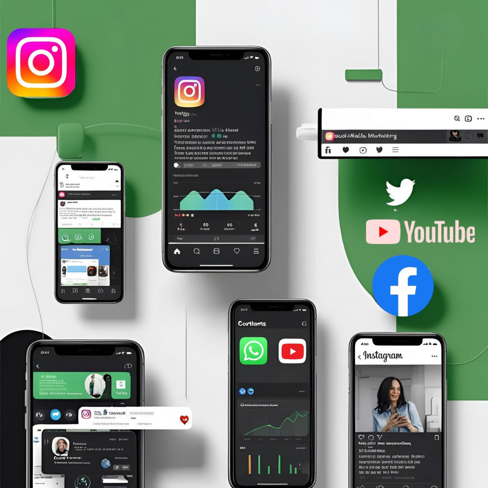 a collage of cell phones with icons for instagram twitter and youtube