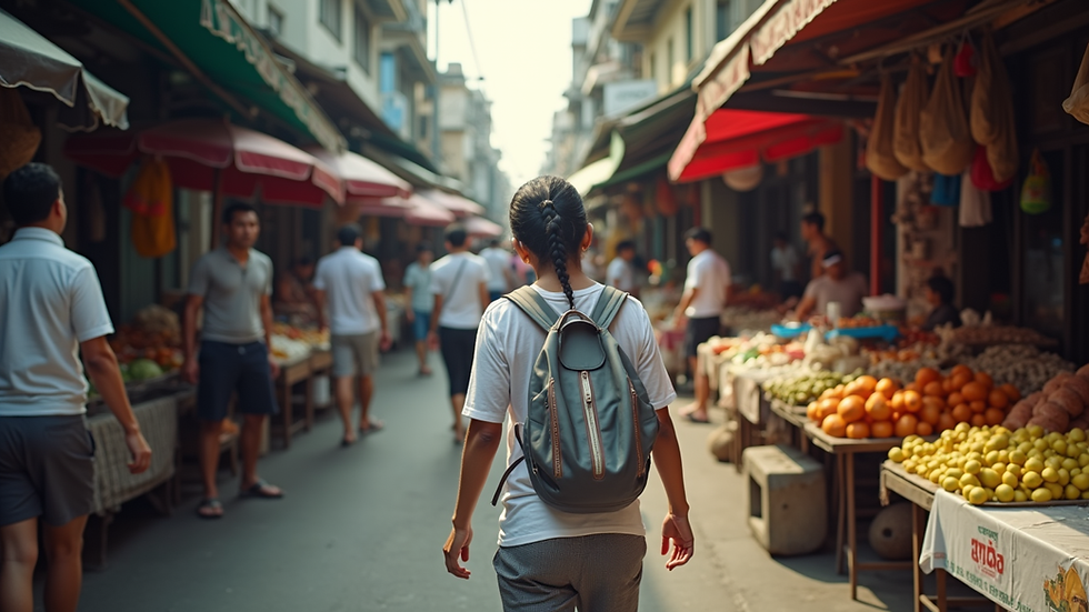 Eye-level view of a bustling Thai street market