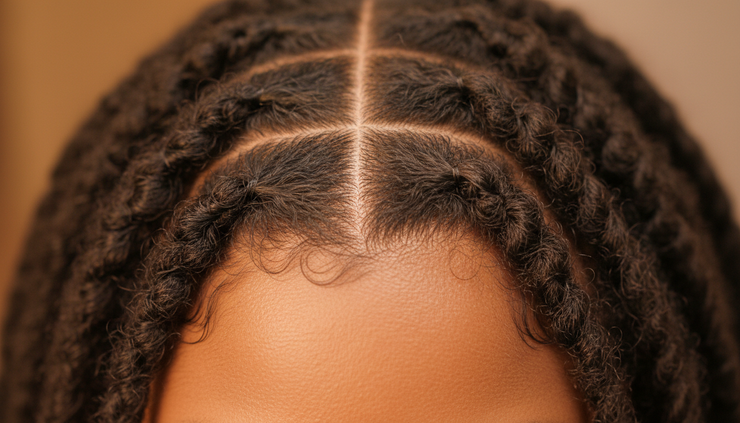 Close-up of soft new growth at the base of natural locs