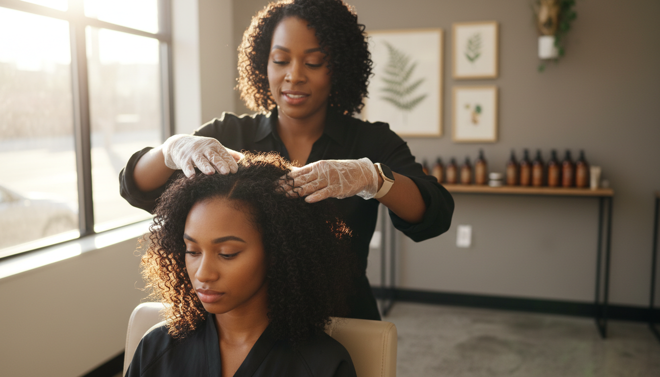 Eye-level view of a stylist smoothing natural hair in a salon chair