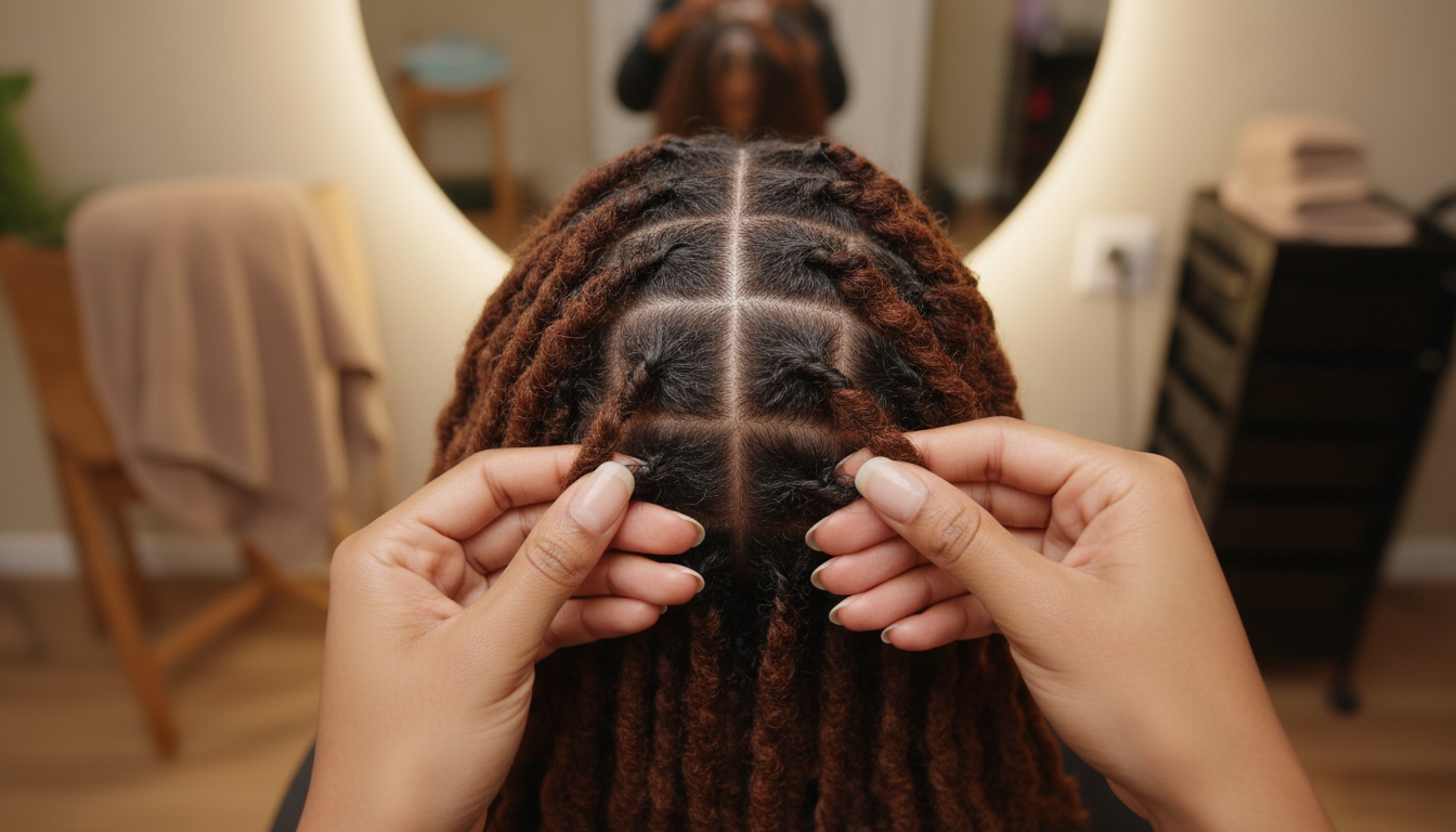 Overhead view of locs being gently separated at the roots