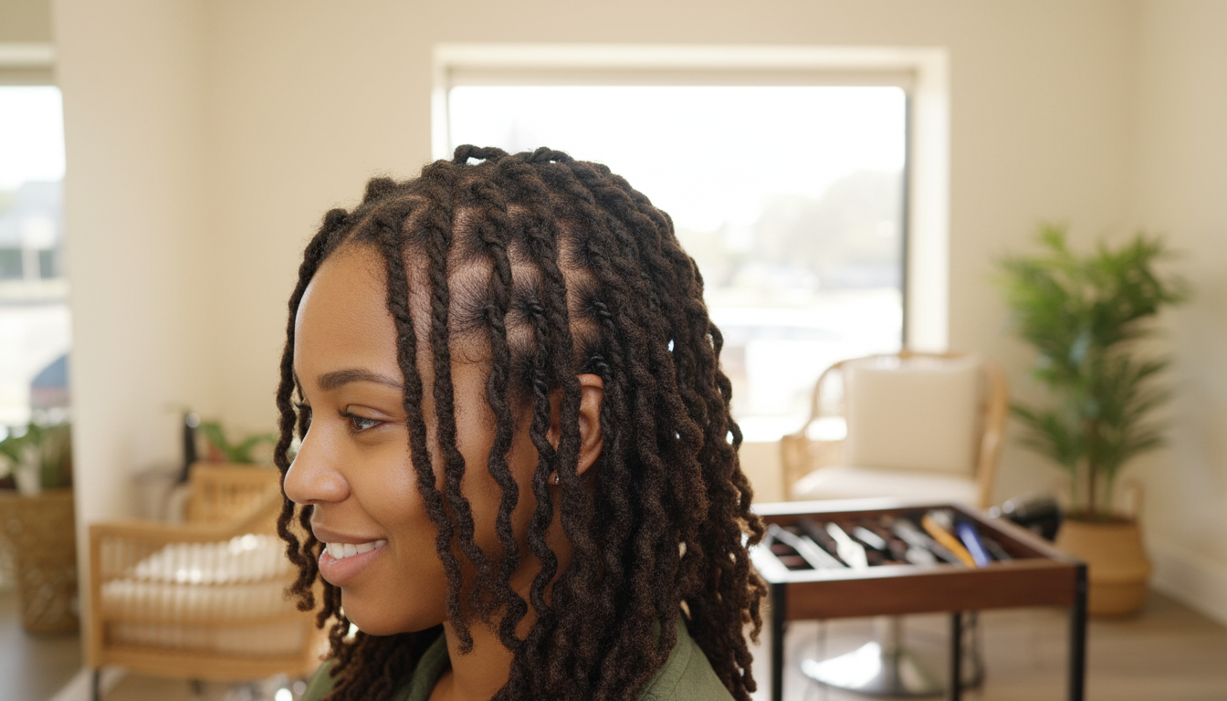Eye-level view of healthy locs with neat roots after maintenance