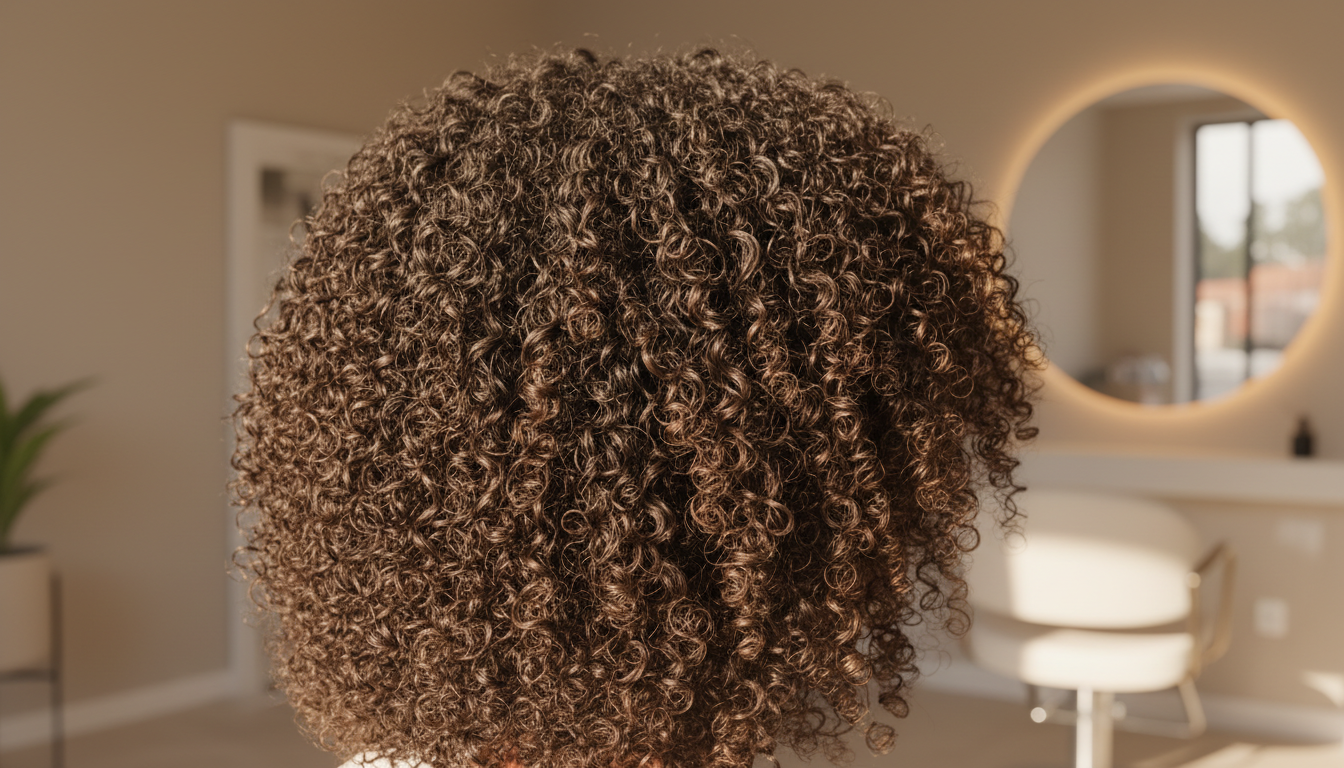 Close-up of defined coils with soft frizz near the hairline