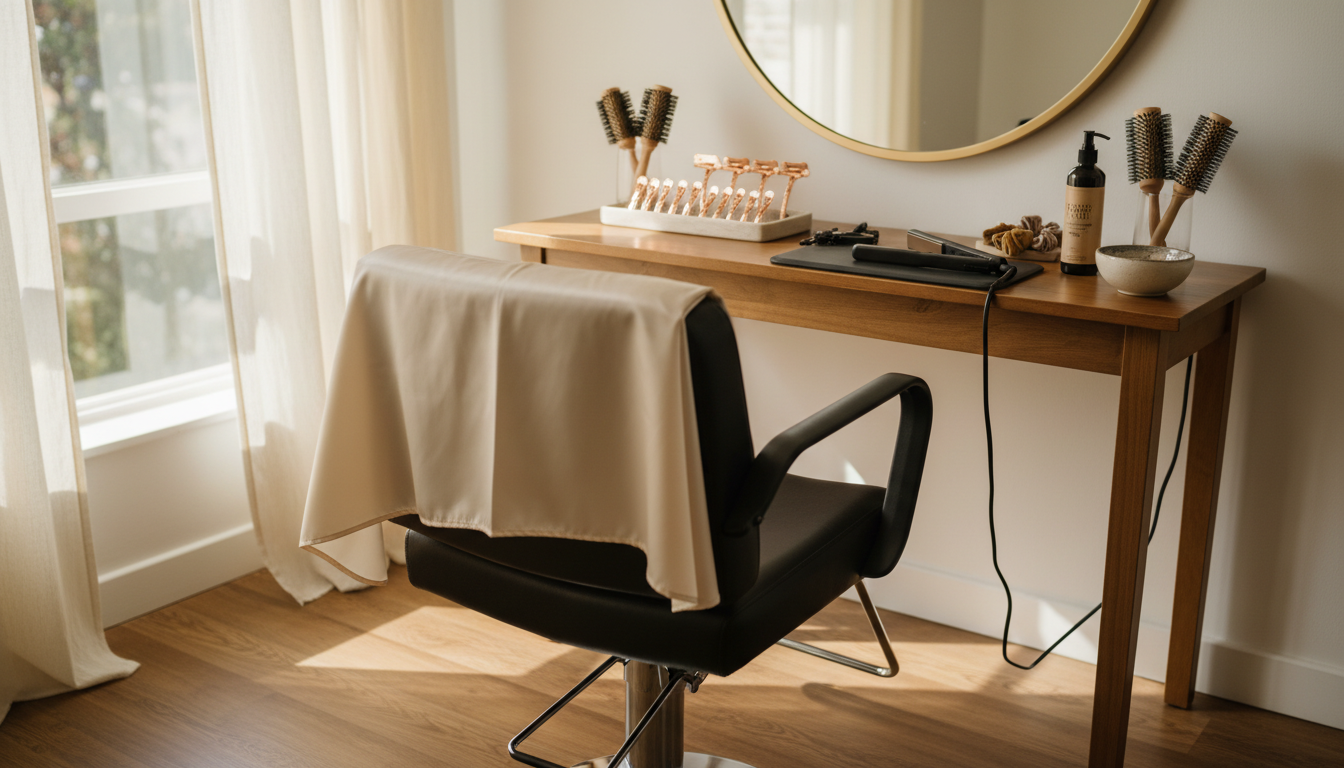 Wide-angle view of a salon station ready for a natural hair silk press appointment
