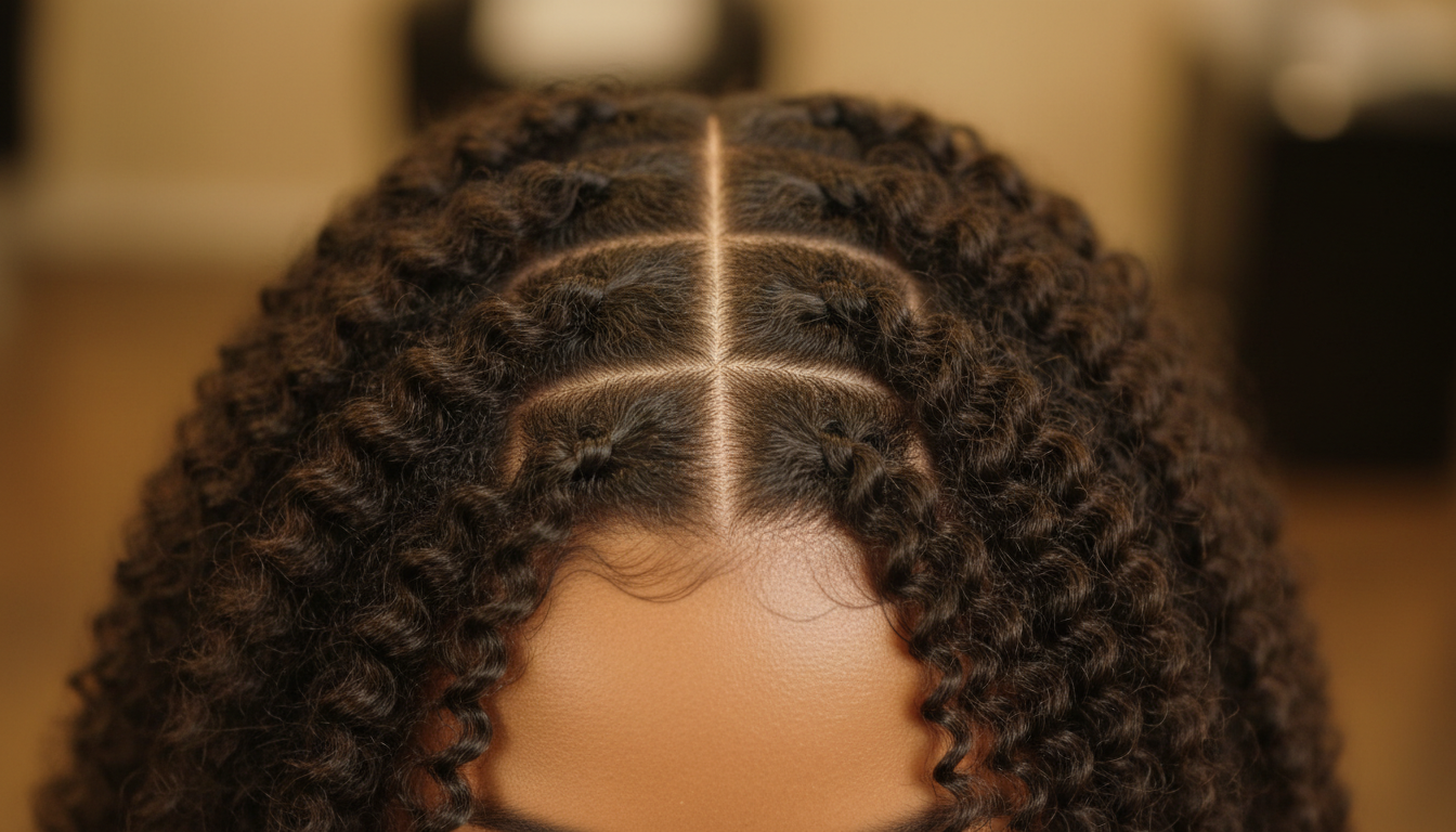 Wide-angle view of a natural protective style sectioned neatly at the scalp