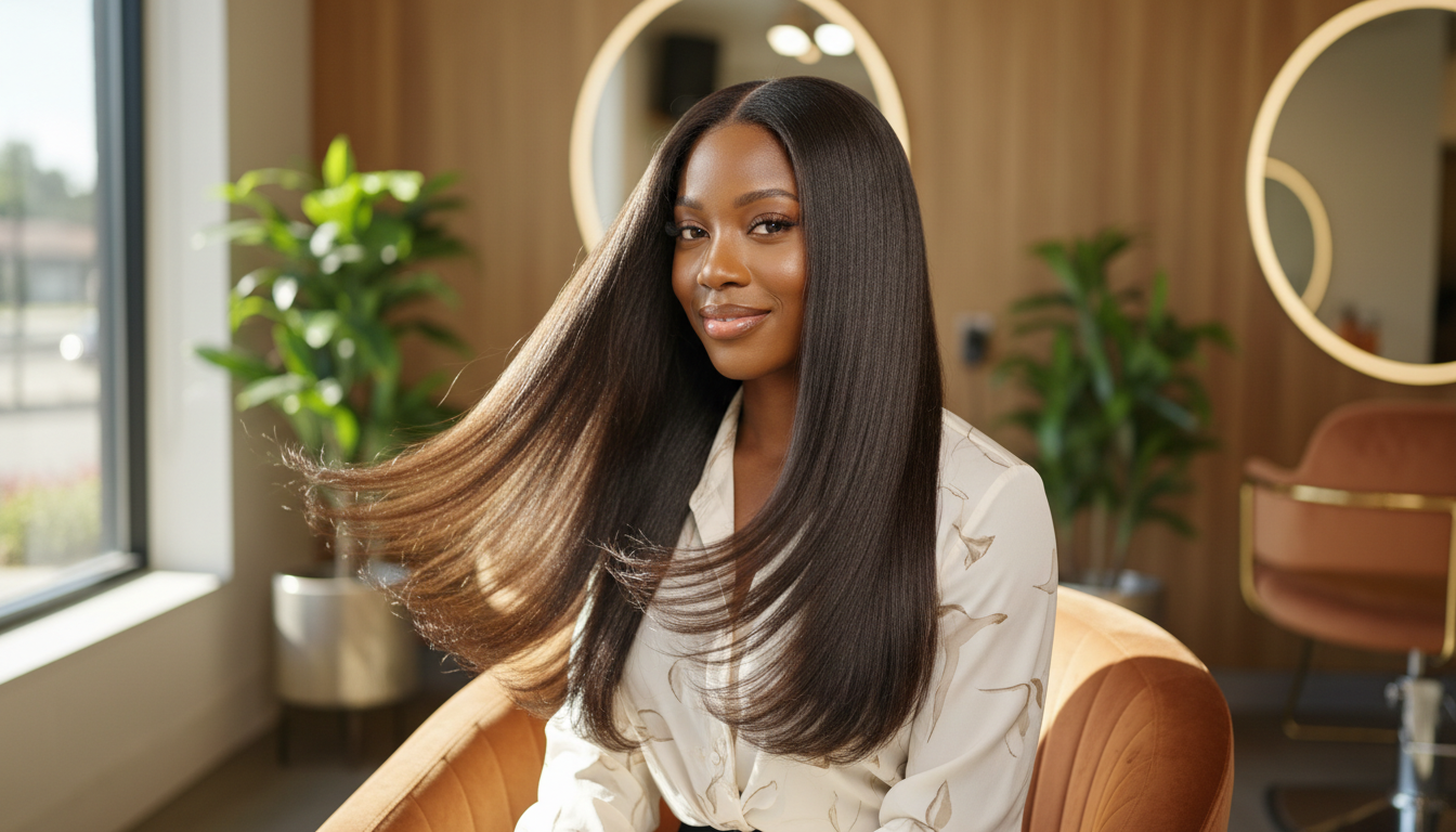 Eye-level view of a natural hair client with smooth silk press results