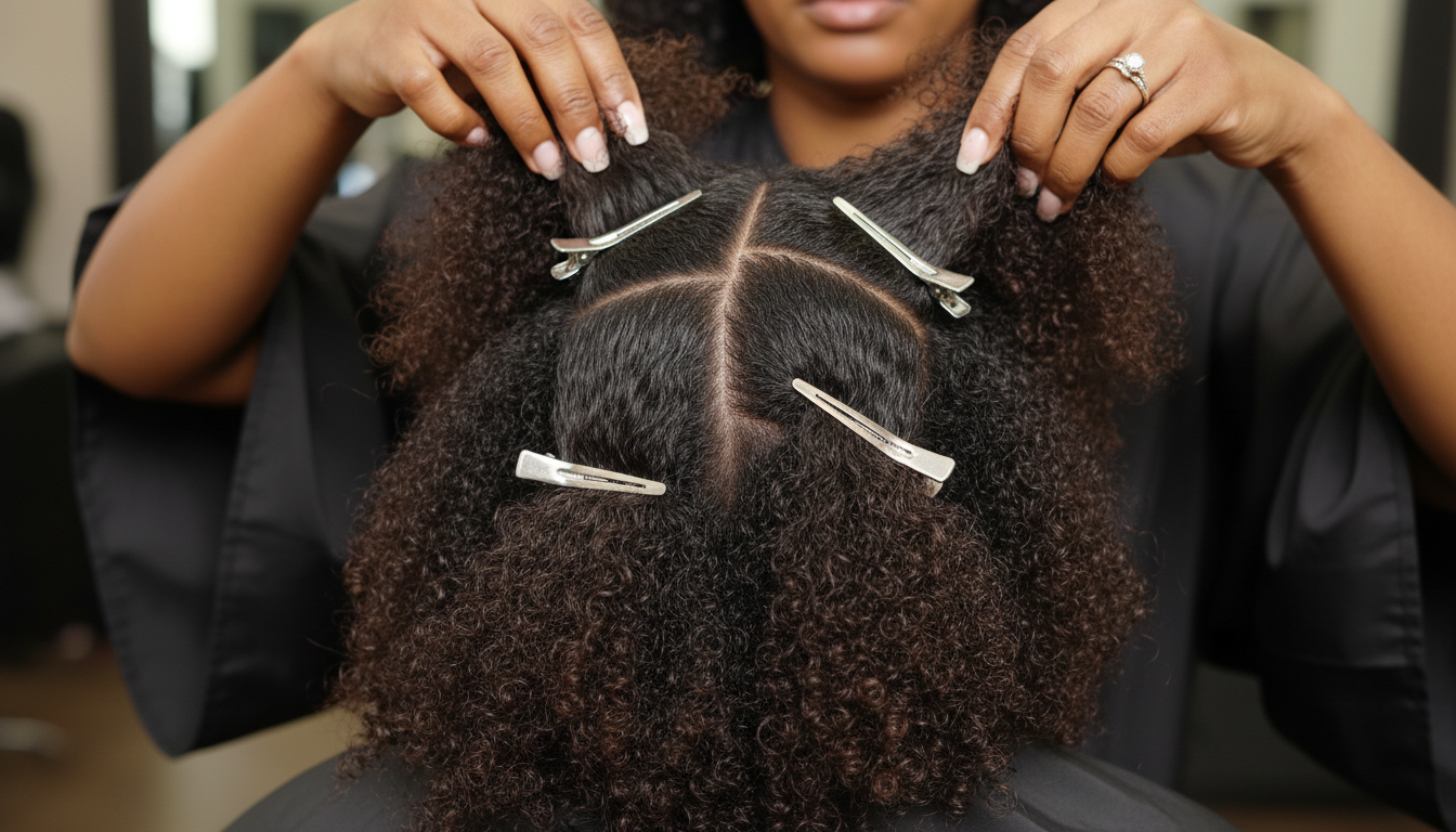 Close-up of a stylist sectioning natural hair before a silk press