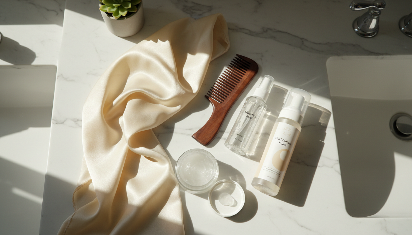 Overhead view of natural hair products and satin scarf on a bathroom counter