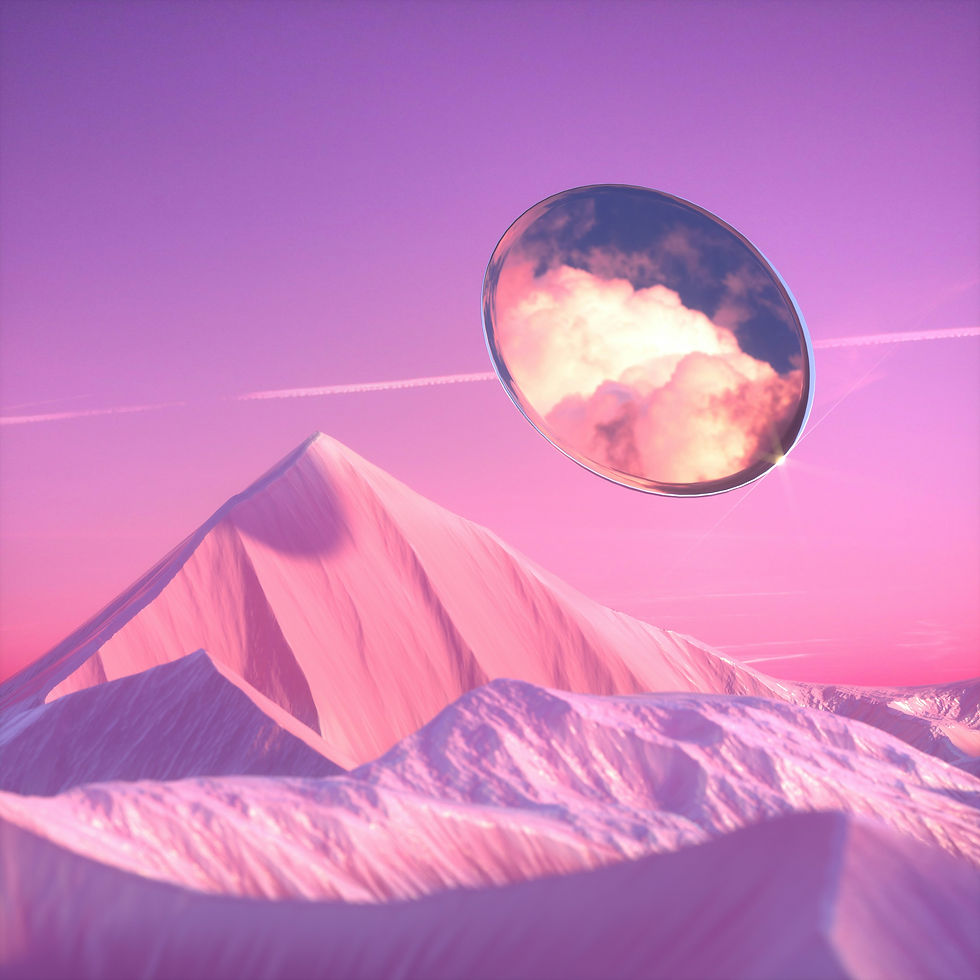 Surreal landscape with pink mountains and a floating mirrored disc reflecting clouds against a purple sky. Dreamy and ethereal mood.