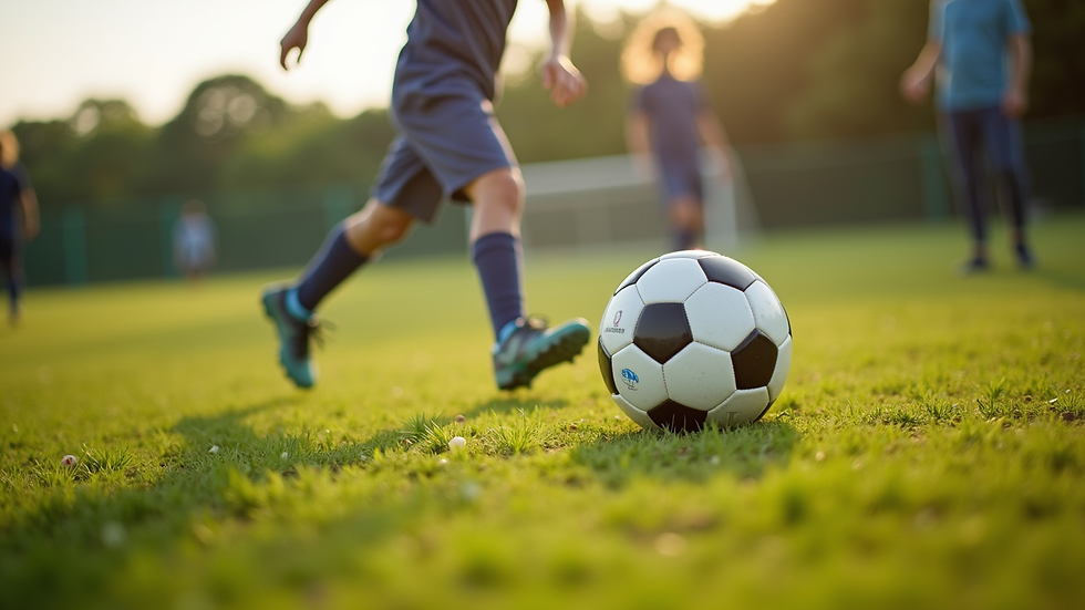 Eye-level view of a child kicking a soccer ball on a grassy field