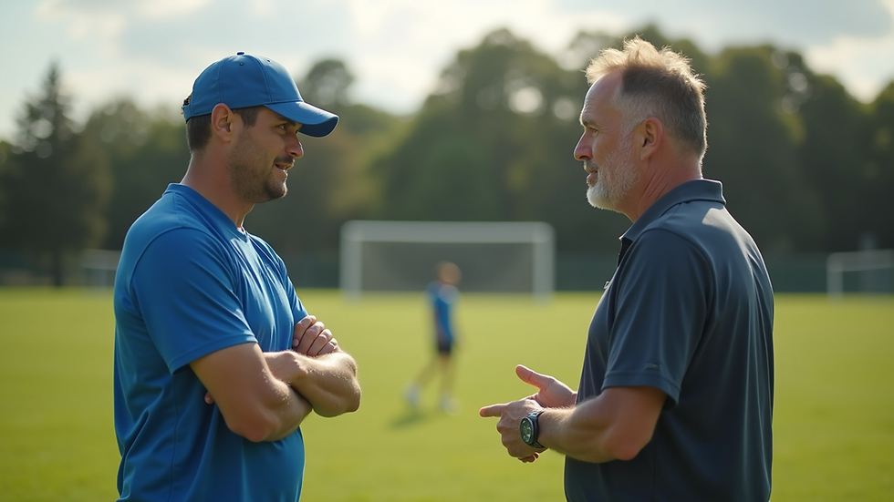 Eye-level view of a coach talking with a parent at a youth sports field