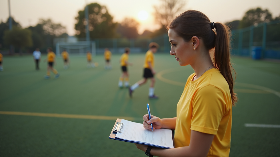 High angle view of a coach writing notes on a clipboard during youth sports practice