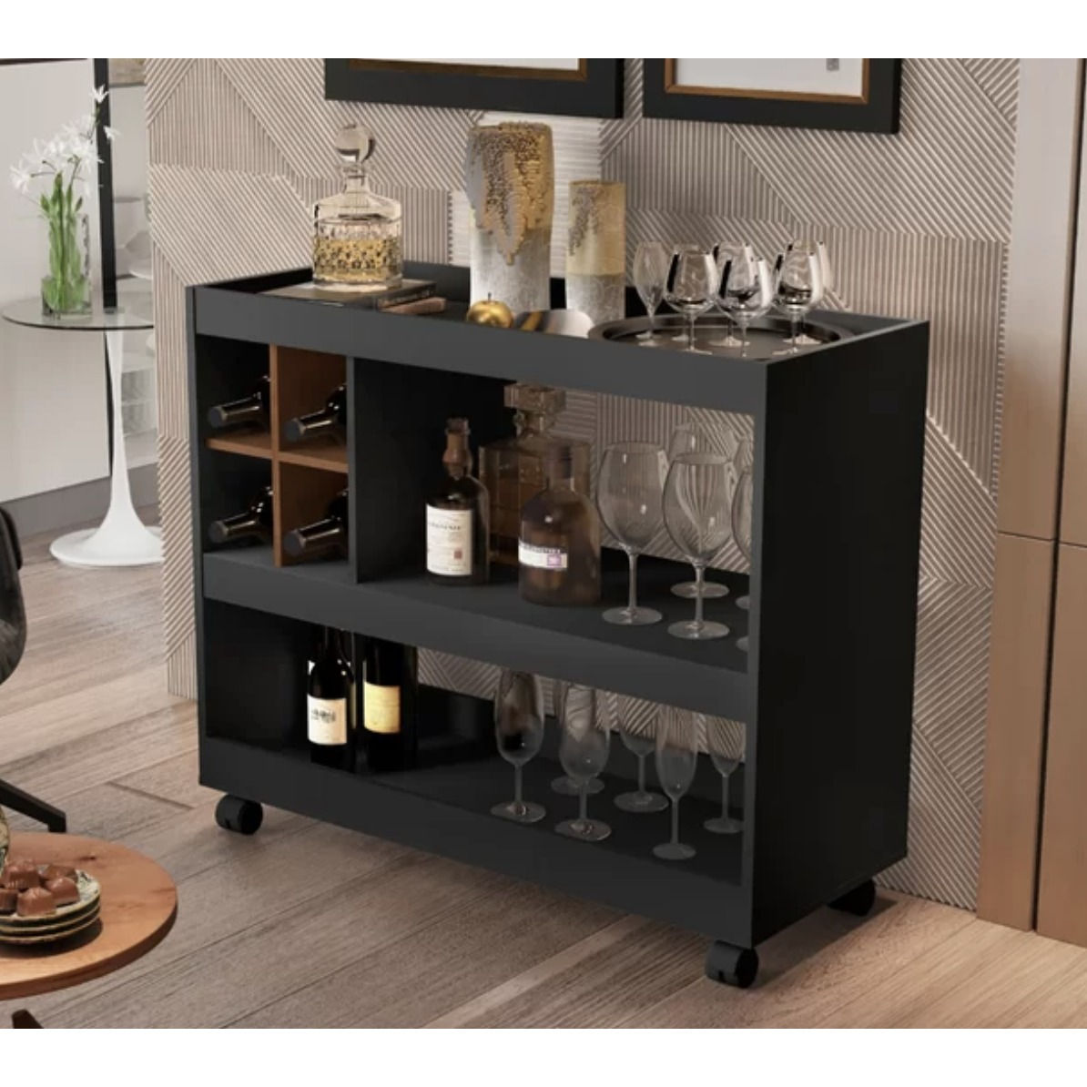 APARADOR CARRINHO BAR 0.90M PRETO