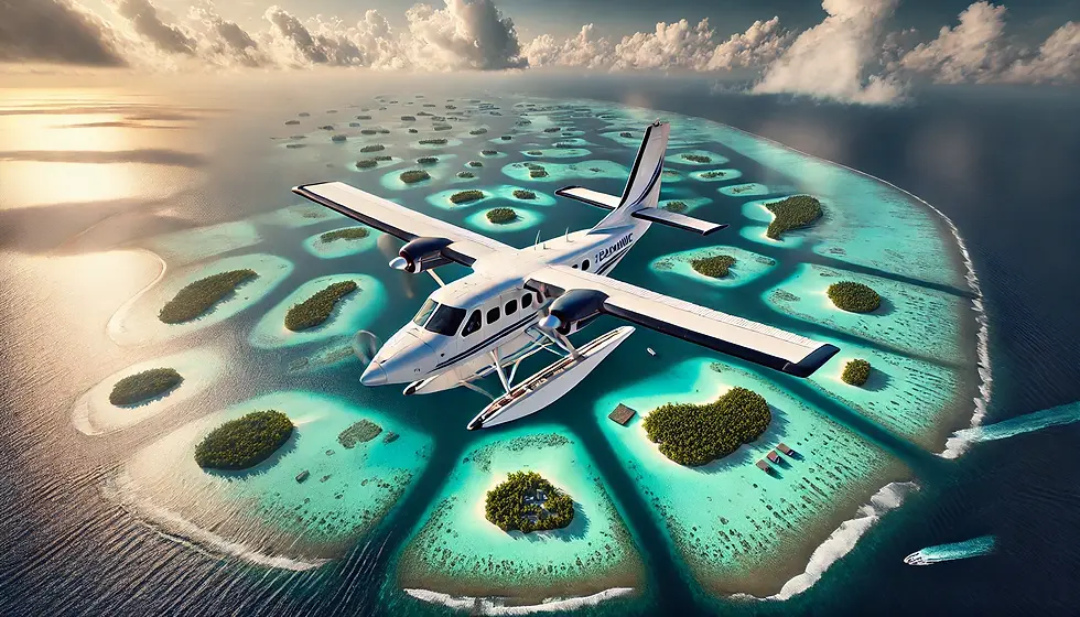 Aerial view of a private island in the Maldives surrounded by turquoise waters