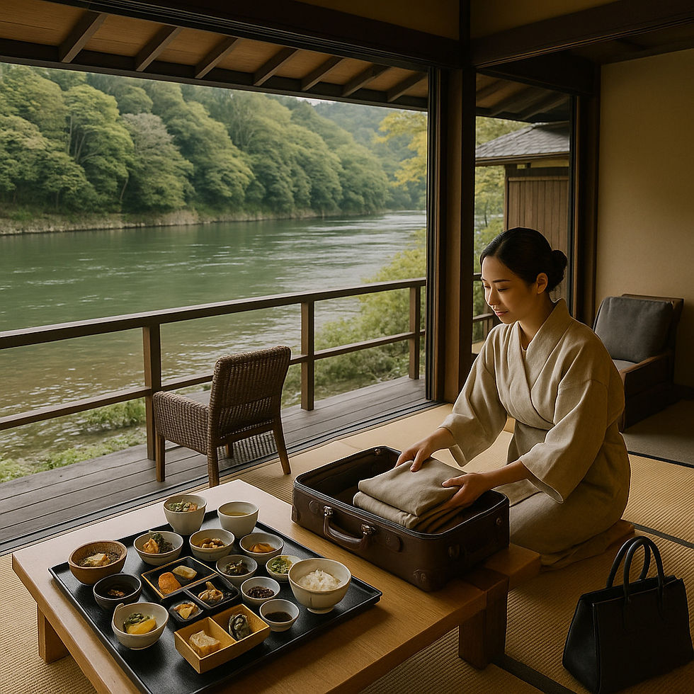 Riverside Japanese breakfast in your pavilion at HOSHINOYA Kyoto