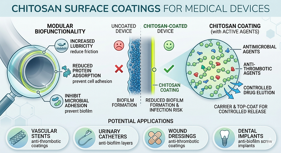 Diagram of chitosan surface coatings for medical devices, showing biofilm reduction and potential applications: stents, catheters, dressings, implants.