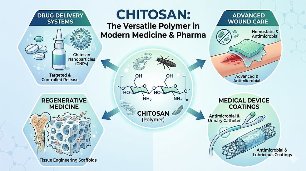 Chitosan applications: drug delivery, wound care, regenerative medicine, and medical coatings. Molecular structure and related imagery.