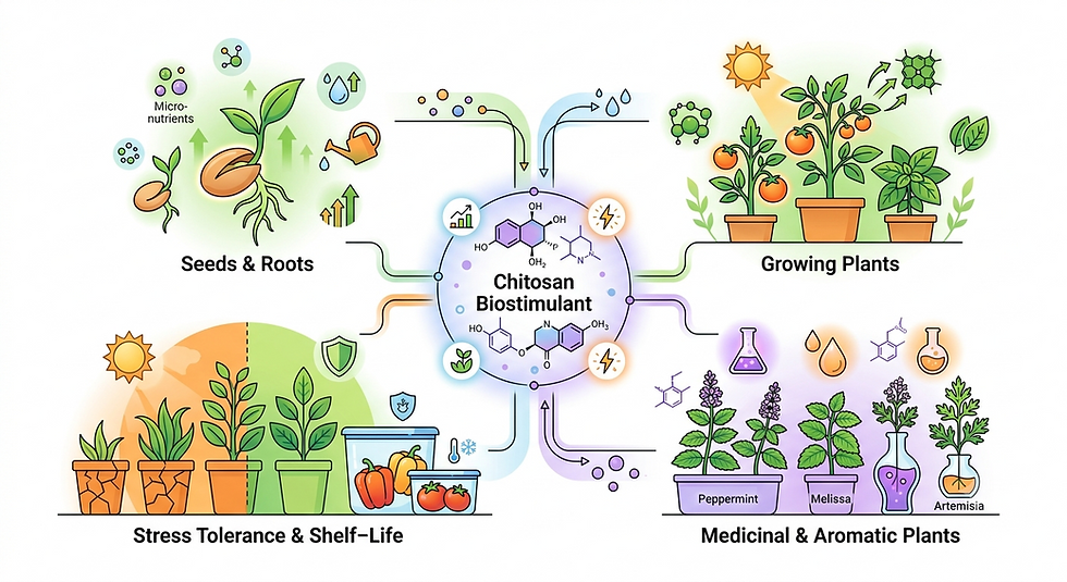 Infographic on chitosan biostimulant boosting seeds, growing plants, stress tolerance, and medicinal herbs, with labels and icons
