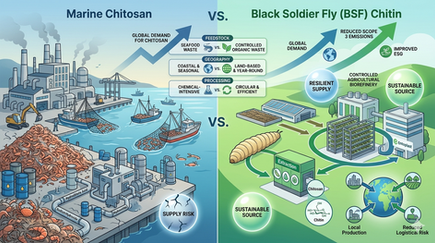Split image showing Marine Chitosan vs. Black Soldier Fly Chitin. Left: factories, shrimp; right: larvae, sustainable facilities. Text contrasts environmental impacts.