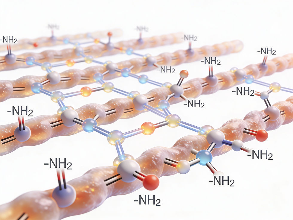 Molecular structure of a protein with -NH2 groups connected by colored spheres and rods on a white background, showing a chemical bond network.
