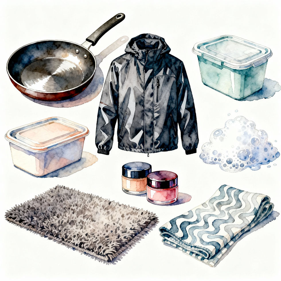 Watercolor collage of a frying pan, black jacket, storage containers, fluffy mat, soap bubbles, and folded towels with wavy pattern.