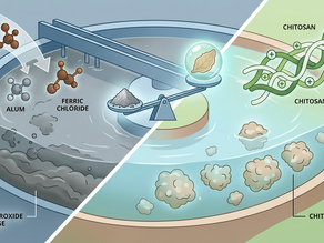 Water-treatment infographic compares alum and ferric chloride with chitosan, showing sludge left and flocculating water right.