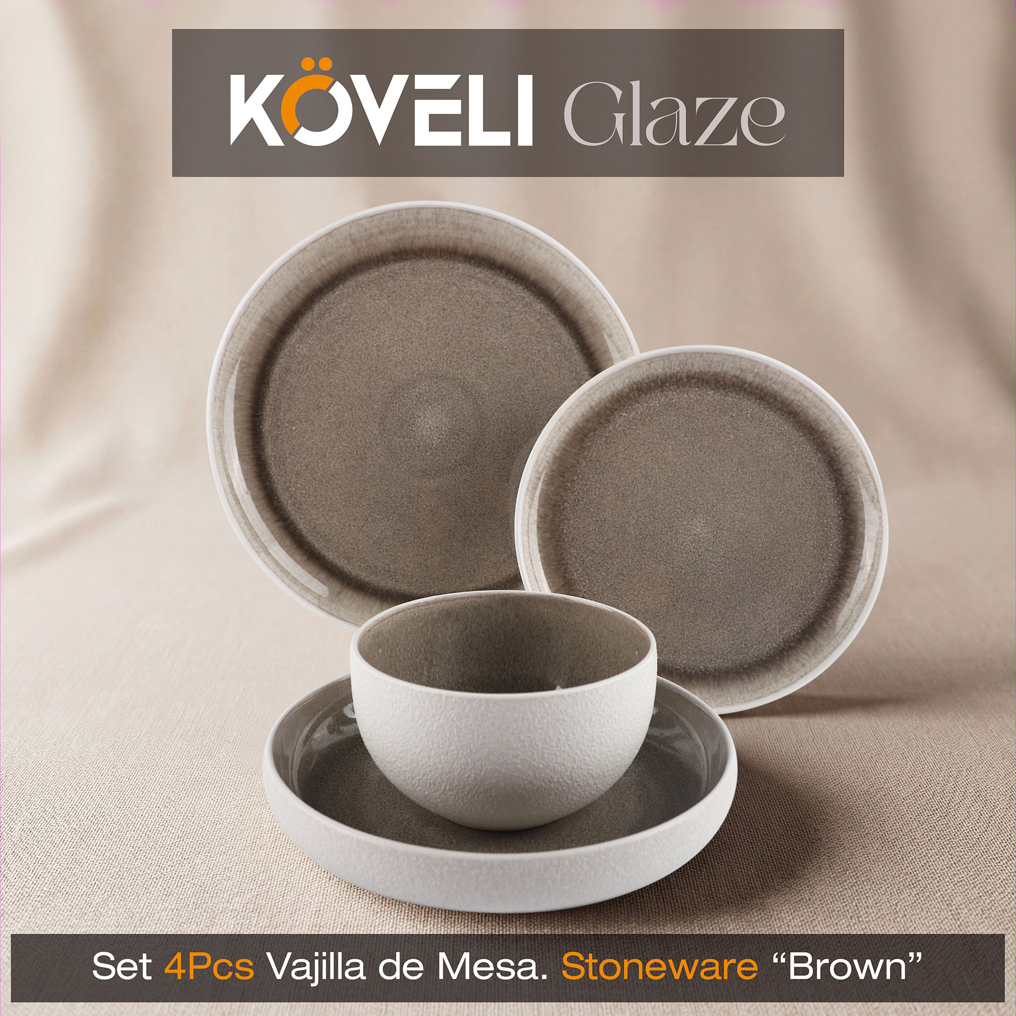 KÖVELI GLAZE. Set Vajilla 4Pcs.  Stoneware. Brown Color