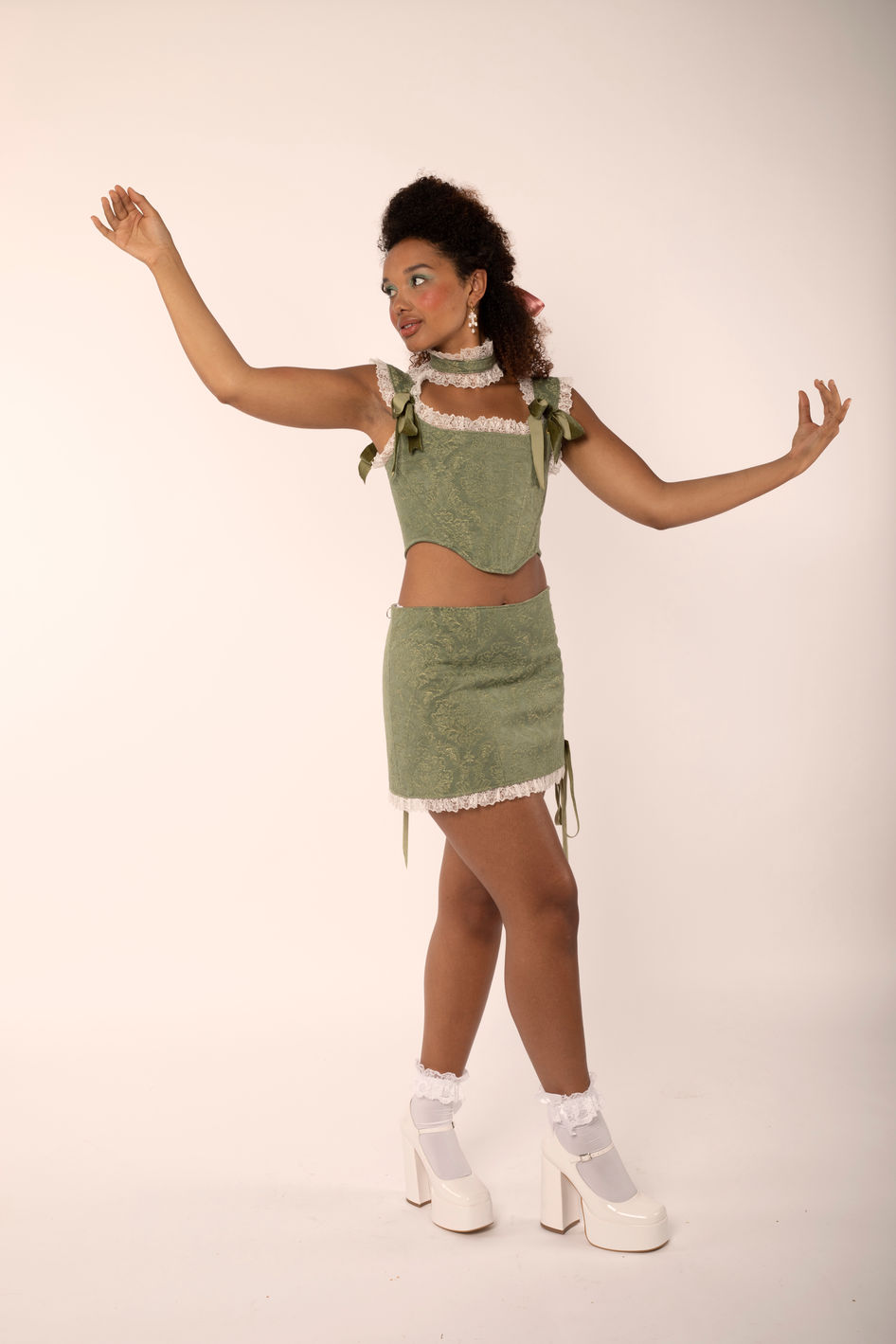 Sage Brocade corset and skirt set