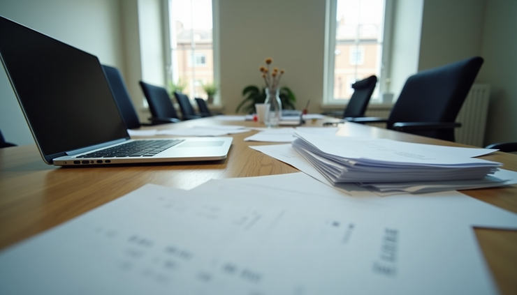 Eye-level view of an empty workspace with scattered papers and an unused laptop