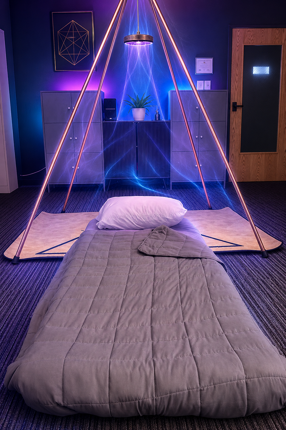 Ketamine therapy room with pyramid frame and meditation bed