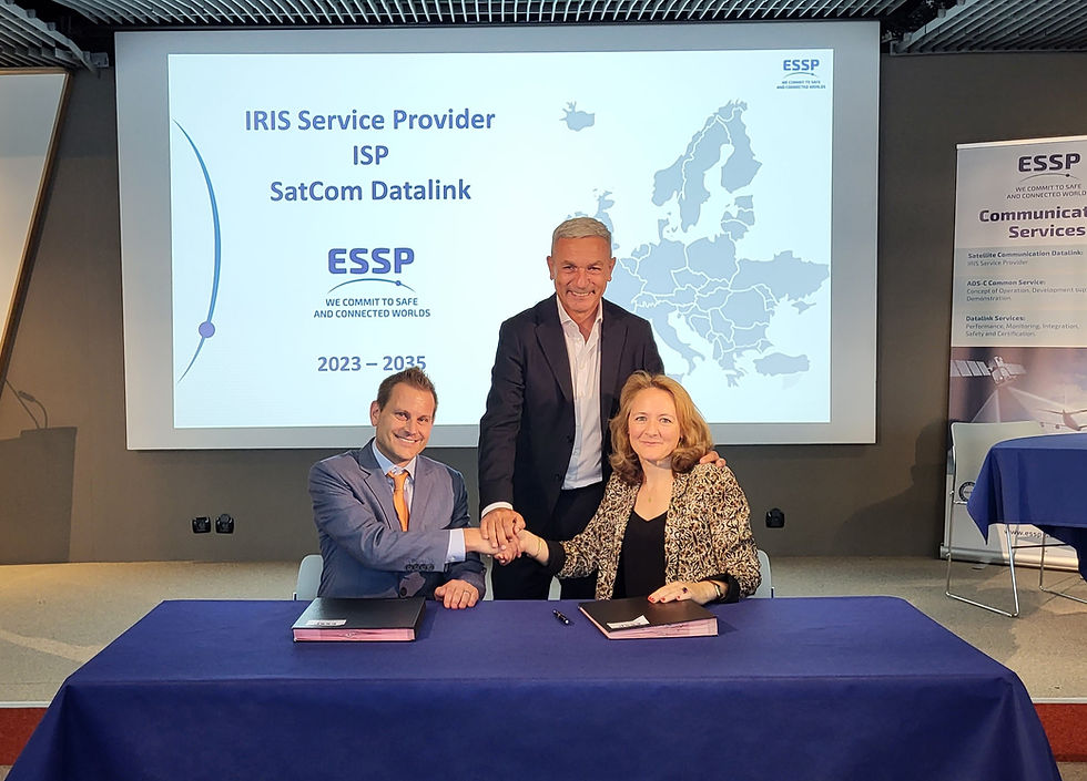 L-R): Joel Klooster, SVP Aircraft Operations and Safety, Viasat; Antonio Garutti, Head of Telecommunications System Projects Office, ESA; Charlotte Neyret, CEO, ESSP SAS