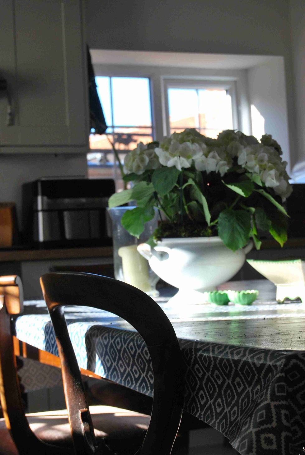 Thumbnail: Chippy Enamel Soup Tureen planted with white hydrangeas
