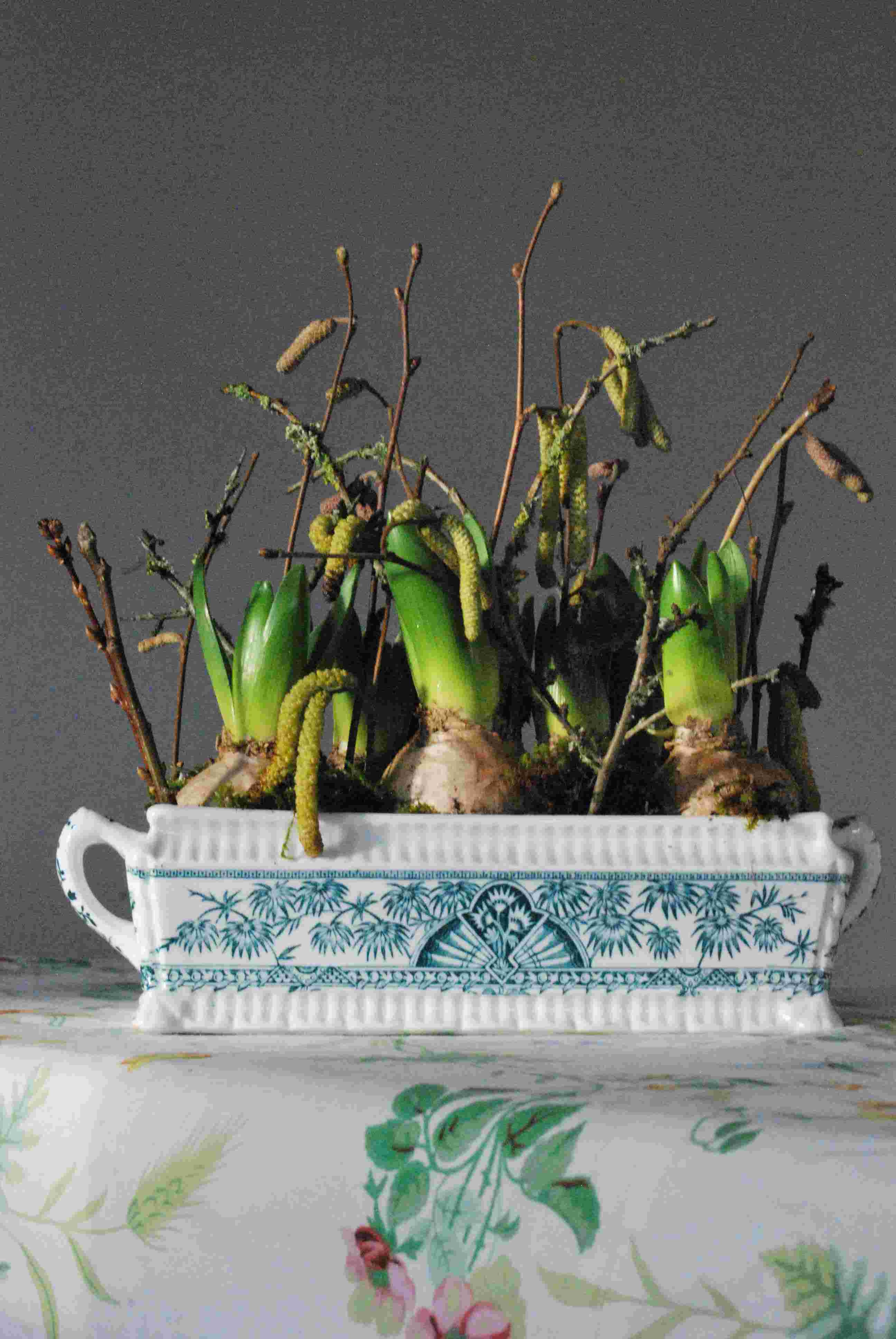 Antique Crown Pottery Arts & Craft china jardienere with hyacinths and twigs