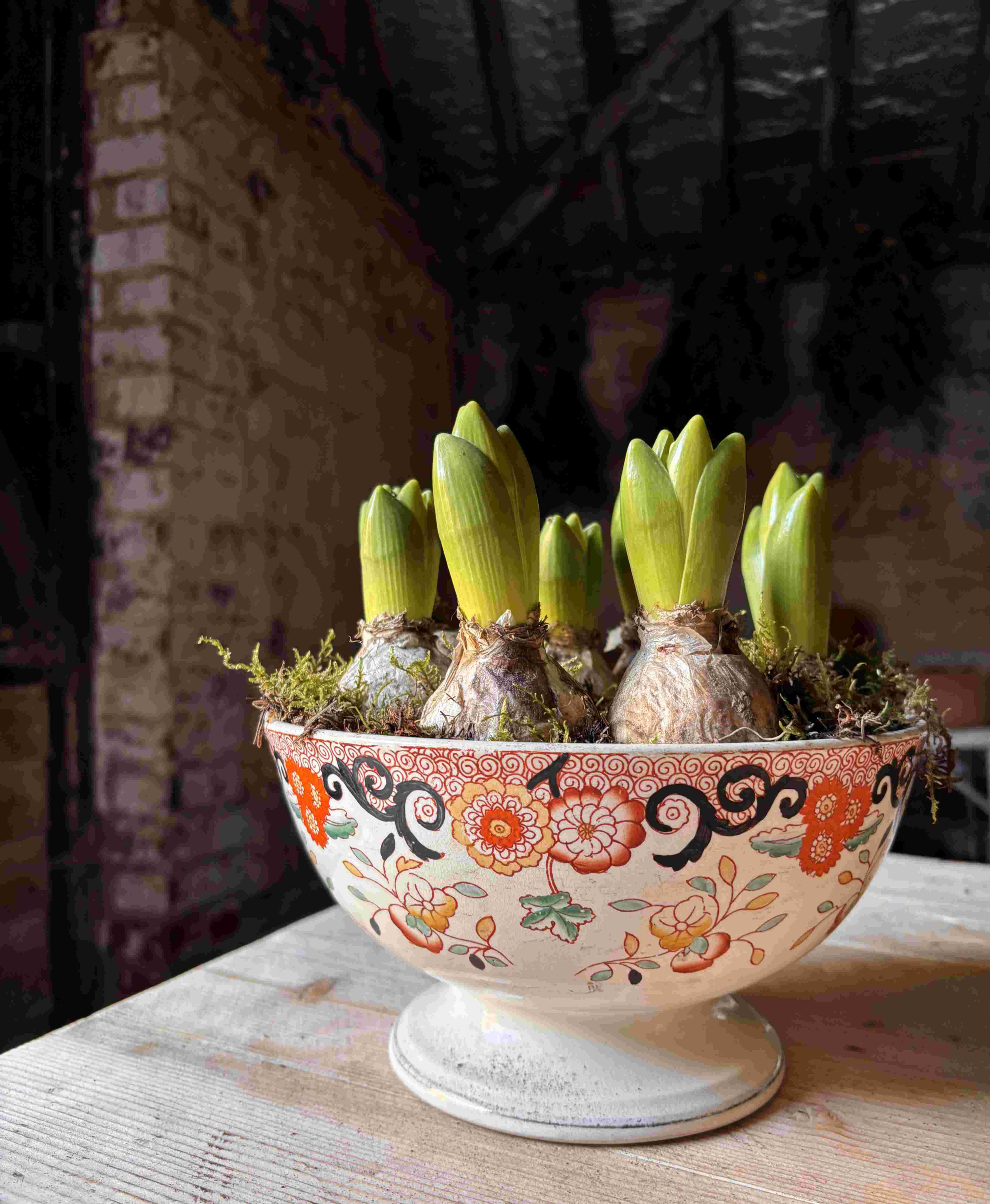 Victorian Imari-style footed compote with hyacinths