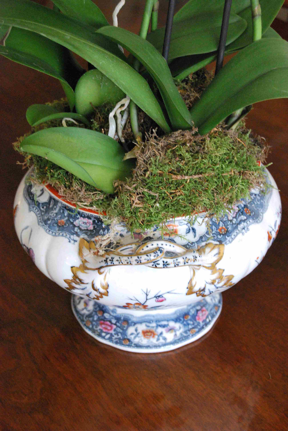 Thumbnail: Antique Minton ironstone punch bowl and tray with orchids